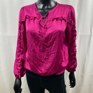 Loft Petites Top Womens Ruffle Purple Tie Front Loose Long Sleeve Blouse Size XS
